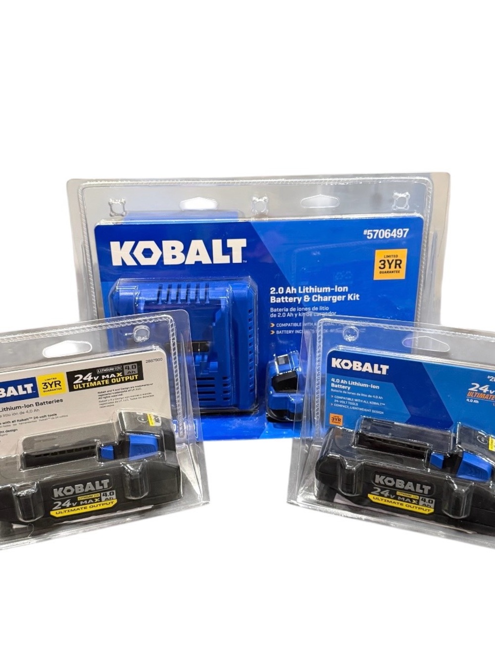 Kobalt 24V lithium ion battery charger + 1 2.0 ah battery + 2 4.0 ah batteries